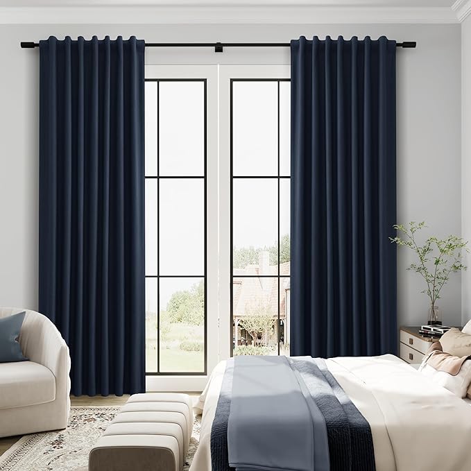 Guken Navy Blue Blackout Linen Curtains for Living Room 84 Inches Long 2 Panel Sets Elegant Textured Back Tab Hook Belt Room Darkening Thermal Insulated Soundproof Bedroom Sliding Door 52x84 7Ft