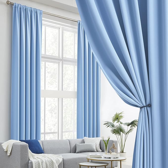 DUALIFE Light Sky Blue Curtains Room Darkening Curtains, Rod Pocket and Back Tab Thermal Insulated Drapes 52x102 Inch, 2 Panels