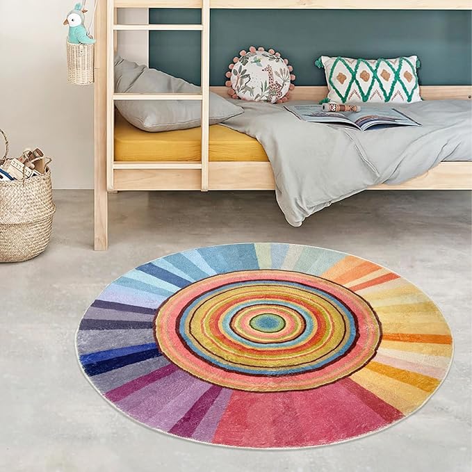 Kids Rug Circle Sun Rug for Girls Bedroom Round Rainbow Nursery Mat 2.6Ft Chic Bedside Carpet for Children Cartoon Crawling Mat for Playroom Indoor Home Decor