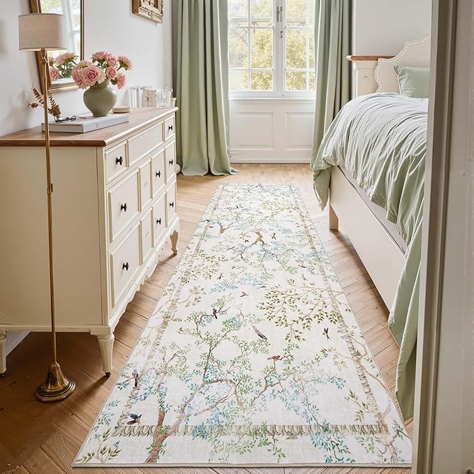 jinchan Yarden Ivory Botanical Birds 3x8 Runner Rug for Hallway Washable Non Slip Soft Nature Plants Modern Runner Carpet Vintage Ultra Thin Low Pile Rug for Entryway Living Room Laundry