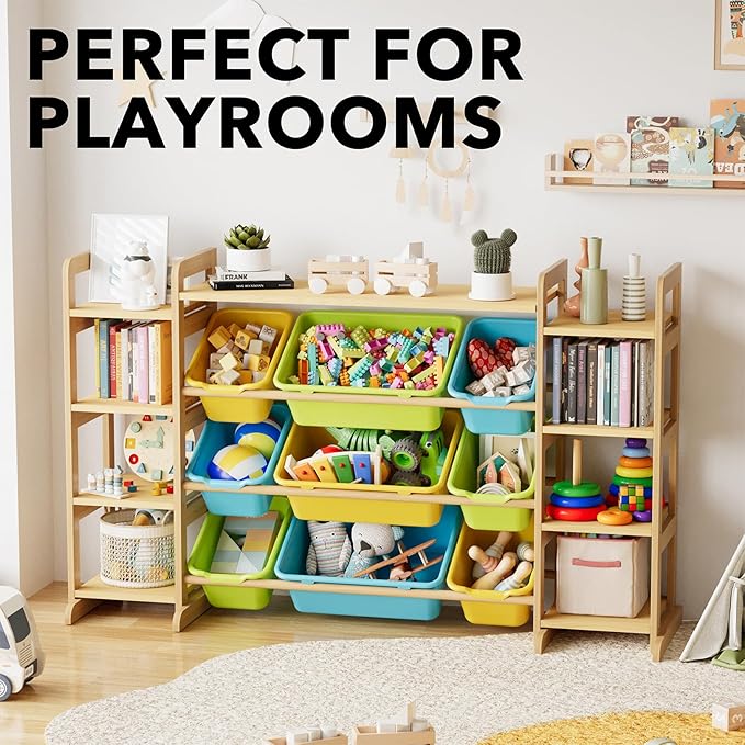 SpaceAid Large Toy Storage Organizer 9 Shelves 9 Bins, Toy Organizers Storage Bookshelf, Kids Bin Shelf Toys Box Bookcase for Bedroom Playroom Organization Room Decor, Multi-Colored