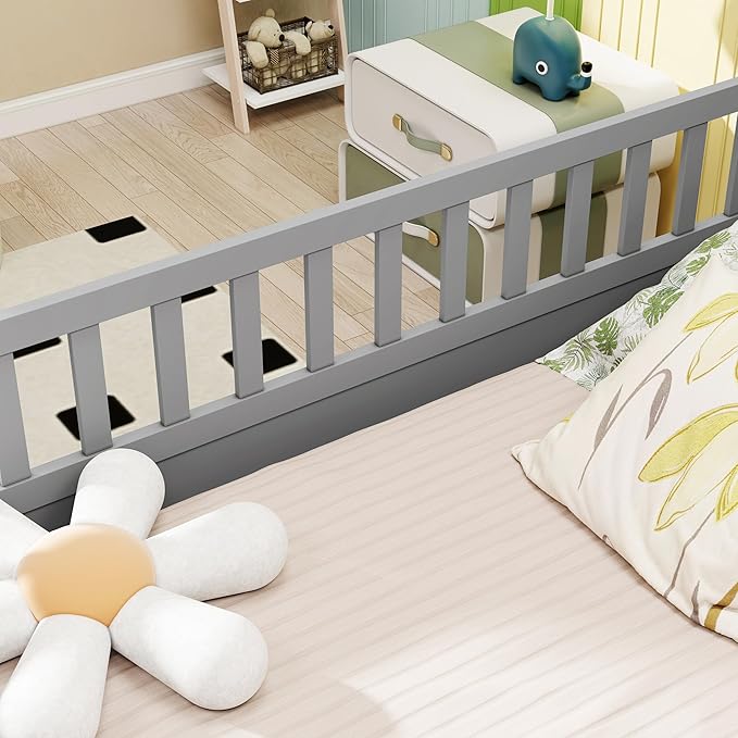 Ball & Cast Full Size Montessori Floor Bed with Baffle Design & Open Door,Toddler Floor Bed Frame W/Fence and High Guardrails,Wooden Playhosue Bed for Girls and Boys,No Box Spring Needed,Grey