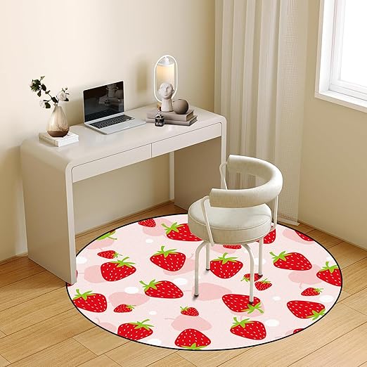 4Ft Strawberry Round Rug Kwaii Pink Circle Rugs for Bedroom Dorm Living Room Cute Area Rug Floor Mat Pad Doormat Carpet, 4'X4'(120x120cm)