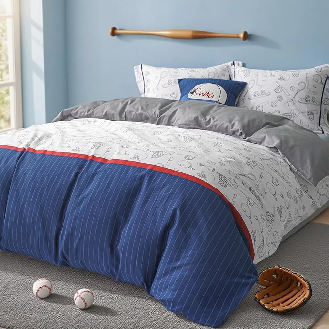 Simple&Opulence 100% Organic Cotton Duvet Cover for Kids Teens, 3 Pieces Soft Comforter Cover with Zipper Closure Cool Boy Girl Baseball Bedding Set - Sports, Twin
