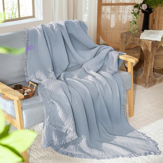 MooMee Muslin Blanket - 100% Cotton 4-Layer Gauze Throw Blanket with Tassels Ultra-Soft Breathable Lightweight Cooling for Bed Couch (Dusty Blue,Oversize Queen 98" x 98")