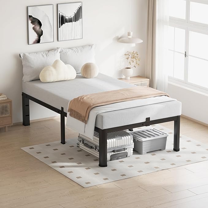 12 Inch Twin XL Bed Frame, 3500Lbs Heavy Duty Metal Platform with Round Corner Legs Mattress Slide Stopper, Steel Slat Support No Box Spring Needed, Noise Free, Non-Slip, Easy Assembly