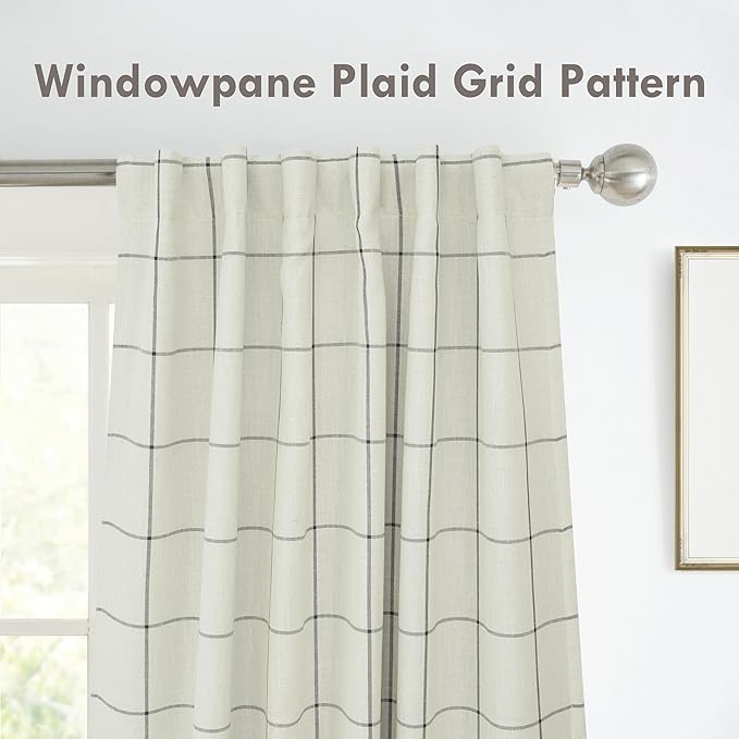 DriftAway 2 Panels 100% Blackout Windowpane Plaid Linen Curtains Double Layer Drapes for Bedroom 96 Inches Long Farmhouse Thermal Insulated 3.25 Inch Rod Pocket Back Tab for Living Room Black