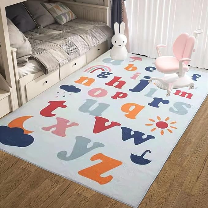 Colorful Alphabet Carpet 4x6 Area Rugs Washable Non-Slip Cute Rainbow Sun Umbrella Kids Rug Foldable Playmat for Classroom Alphabet Learning Nursery