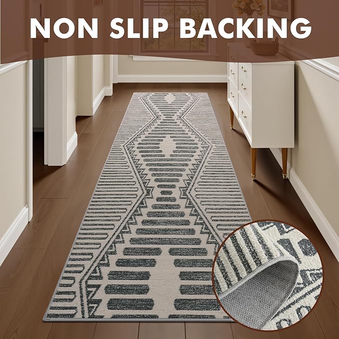Charcoal Grey Boho 2x8 ft Runner Textured Tufted Rugs for Hallway Kitchen Bedroom Entryway Long Non Slip-Carpet Washable Neutral Modern Geometric Moroccan Aztec Rug