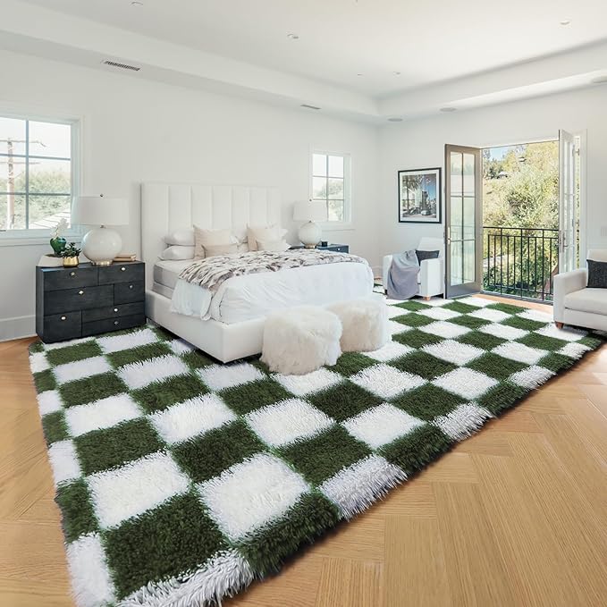 KICMOR 8x10 Area Rugs for Living Room, Large Soft Fluffy Checkered Big Fuzzy Shag Shaggy Bedroom Carpet, Olive Green and White Plush Floor Rug for Kids Boys Girls Dorm Nursery Home Decor Aesthetic