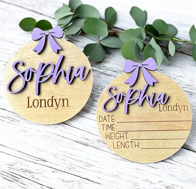 Personalized Bow 3D Baby Girl Name Announcement Sign – Custom Newborn Birth Stats – Hospital Photo Prop – Multiple Sizes & Fonts – 30 Color Options (Name Sign + Stat Sign Bundle)