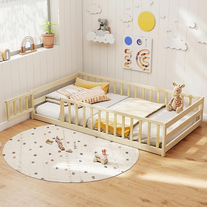 KOMFOTT Twin Size Wood Floor Bed with Door & Fence, Montessori Bed Frame with Full Length Safety Guardrails, Door & Latch, Wooden Montessori Floor Bed for Kids, Girls, Boys (Natural, Twin)
