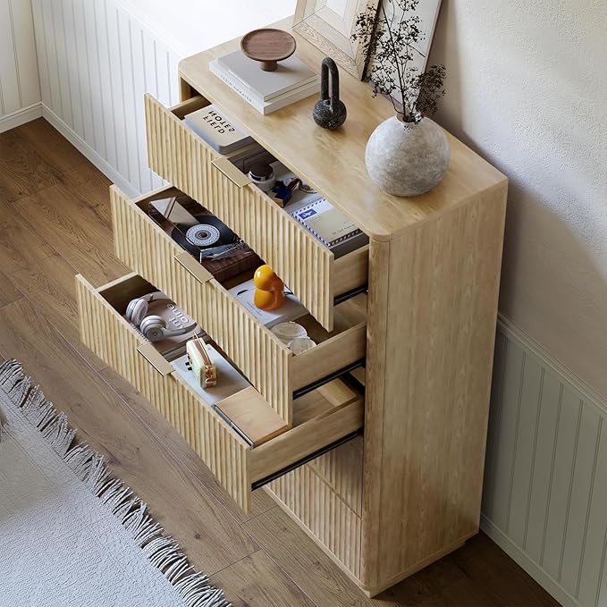Evermagin Fluted 5 Drawers Dresser, 47" Tall Wooden Dressers Storage Organizer,Modern Chest of Drawers for Bedroom with Deep Storage, Living Room,Entryway, Natural Oak
