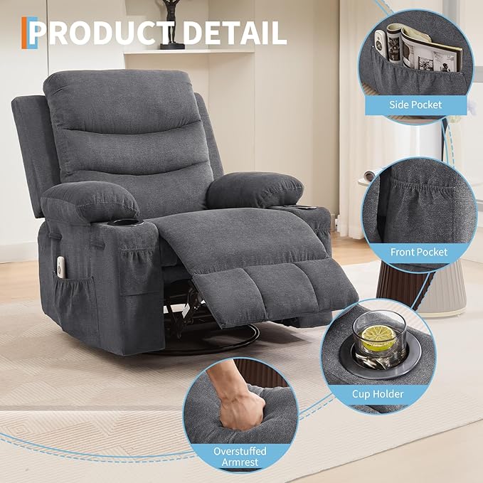 Recliner Chair Nursery, Oversized Manual Reclining Rocking Chair, 360 Swivel Glider with Cup Holder, Massage and Heat Recliner, Indoor Small Single Sofa Chairs for Adults, RV, Bedroom, Linen Gray