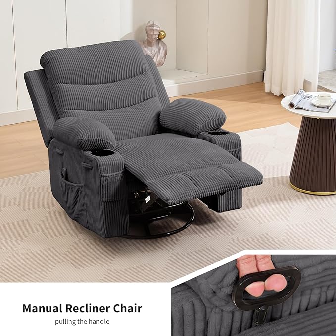 Recliner Chair Nursery, Oversized Manual Reclining Rocking Chair, Corduroy 360 Swivel Glider with Cup Holder, Massage and Heat Recliner, Small Sofa Chairs for Adults, Living Room, RV, Bedroom, Gray