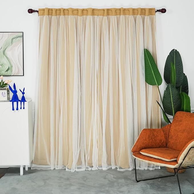 INLINAS 52 x 84 Inches Gold Blackout Curtains with Sheer Overlay - Back Tab and Rod Pocket Thermal and Noise Reduction Panels for Bedroom and Living Room Light Blocking and Energy Saving, Set of 2