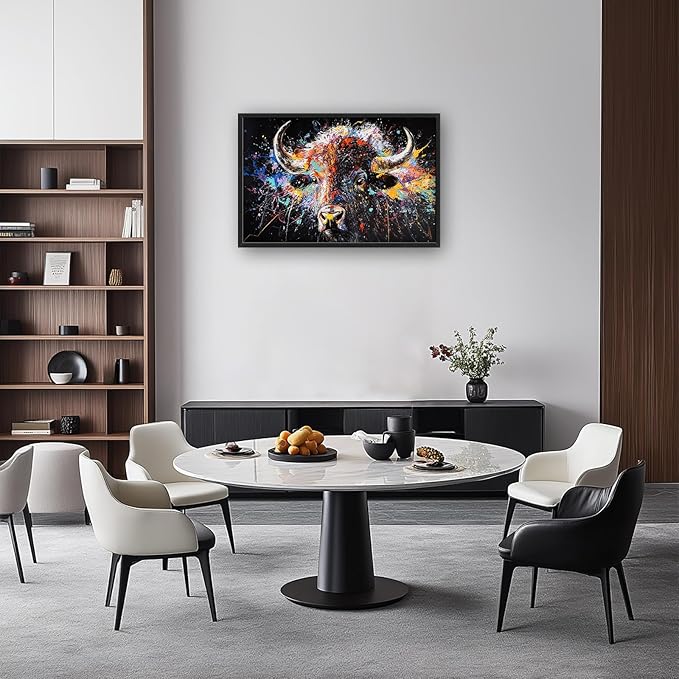 Large Graffiti Highland Cow Wall Art for Living Room, Framed Oversized Bison Buffalo Wall Decor Banksy Canvas Painting Animal Pictures Modern Artwork for Living Room Bedroom Office 36"x24"