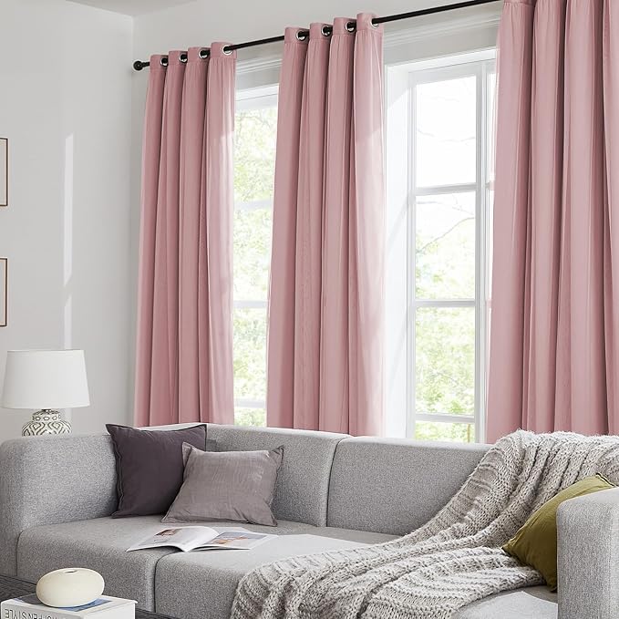 100% Blackout Curtains for Bedroom, Double Layer Pink Curtains, Black Out Curtain 84 inch Long with Sheer Overlay for Living Room, Room Darkening Window Drapes with Grommet, 52" W x 84" L