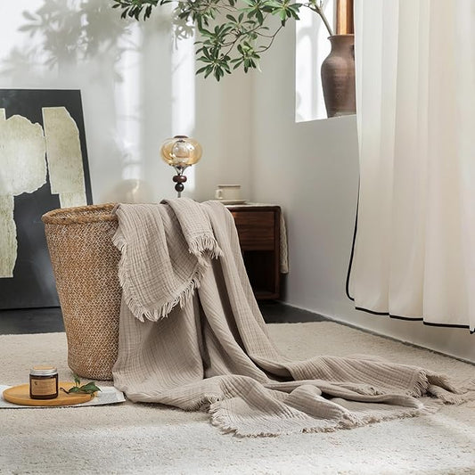 FOSSA Muslin Blanket with Fringe -4-Layer 100% Cotton Gauze Super Soft & Breathable Throw -Lightweight Decorative Cooling Blanket for Bed, Sofa, Office -Throw XL Size 70" x 50"(Beige Gray)