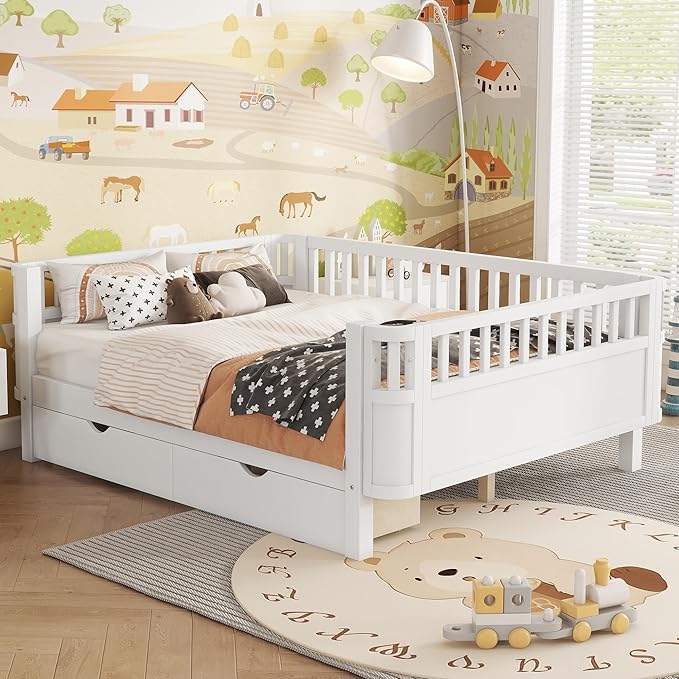 KEIKI Full Size Wooden Floor Day Bed w/Large Storage Drawers, Space Saving Corner Platform Daybed Frame, Removable Safety Rail, Montessori Kids Beds for Boys Girls Bedroom, No Box Spring Needed, White