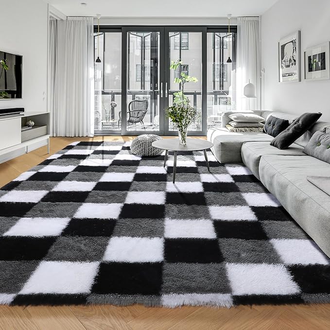 KICMOR 6x9 Area Rugs for Living Room, Large Fluffy Soft Black White Grey Checkered Big Fuzzy Shag Shaggy Bedroom Carpet, Indoor Plush Rug for Kids Boys Girls Room Dorm Nursery Home Decor Aesthetic