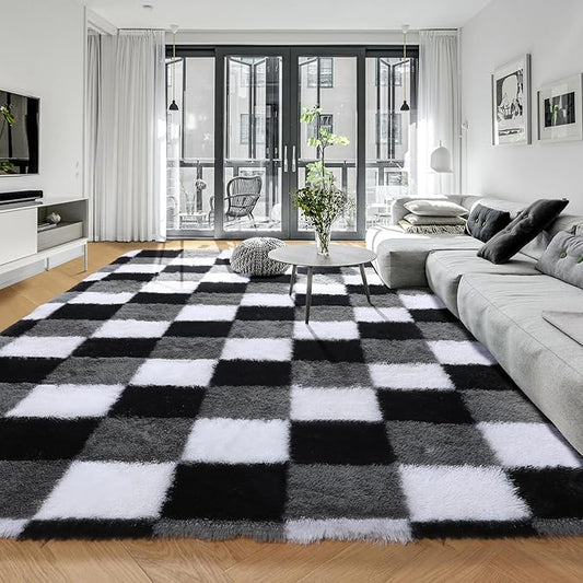 KICMOR 6x9 Area Rugs for Living Room, Large Fluffy Soft Black White Grey Checkered Big Fuzzy Shag Shaggy Bedroom Carpet, Indoor Plush Rug for Kids Boys Girls Room Dorm Nursery Home Decor Aesthetic