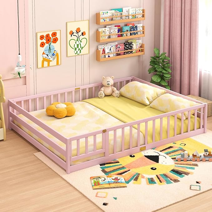 Giantex Queen Floor Bed with Door & Fence, Kids Wood Montessori Beds with Safety Guardrails, Floor Bed Twin for Kids, Boys, Girls, No Box Spring Needed, Pink