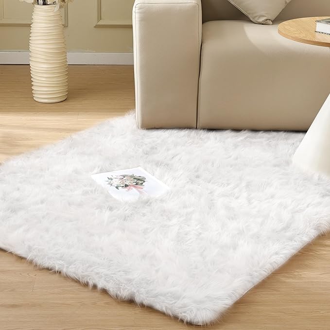 White Faux Sheepskin Shaggy Fur Rug for Living Room Soft Plush Machine Washable Fluffy 4x6 Area Rugs for Bedroom Nursery Rug