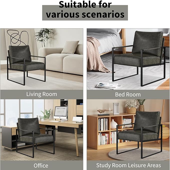 CANMOV Mid Century Modern Accent Chair, PU Leather Armchair with Metal Frame,Comfy Single Reading Chair with Soft Padded Backrest and Cushion for Living Room, Bedroom,Reading Room,Office,Dark Grey