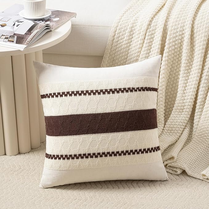 Fancy Homi Set of 2 Boho Brown Decorative Throw Pillow Cover 22x22 Inch for Couch Bed Sofa, Aesthetic Modern Organic Farmhouse Home Decor, Soft Cotton Cute Accent Macrame Woven Cushion Case