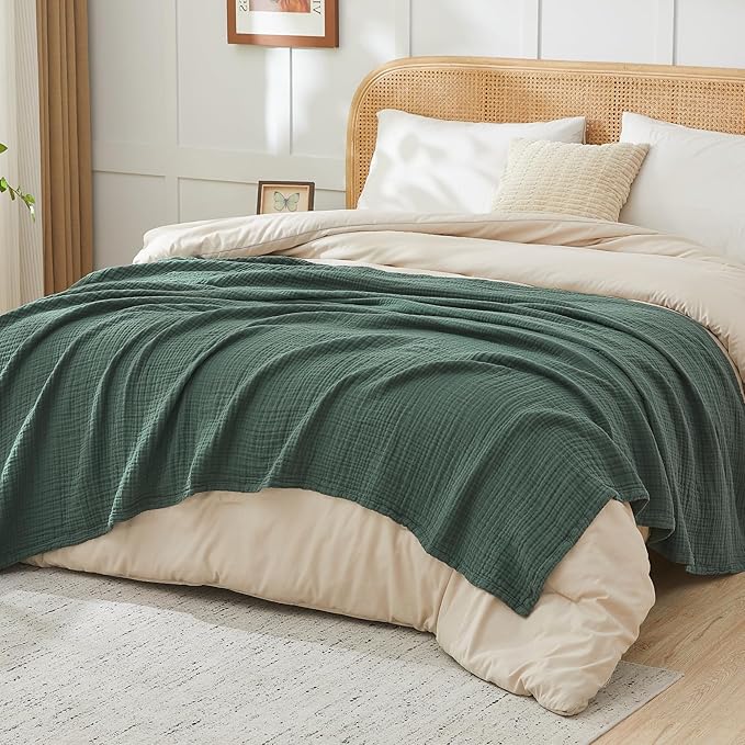 EMME Cotton Muslin King Blanket Big Oversized Bed Layering Bedspread Coverlet Breathable Gauze Soft Lightweight Blankets (Forest Green, 120"x94")