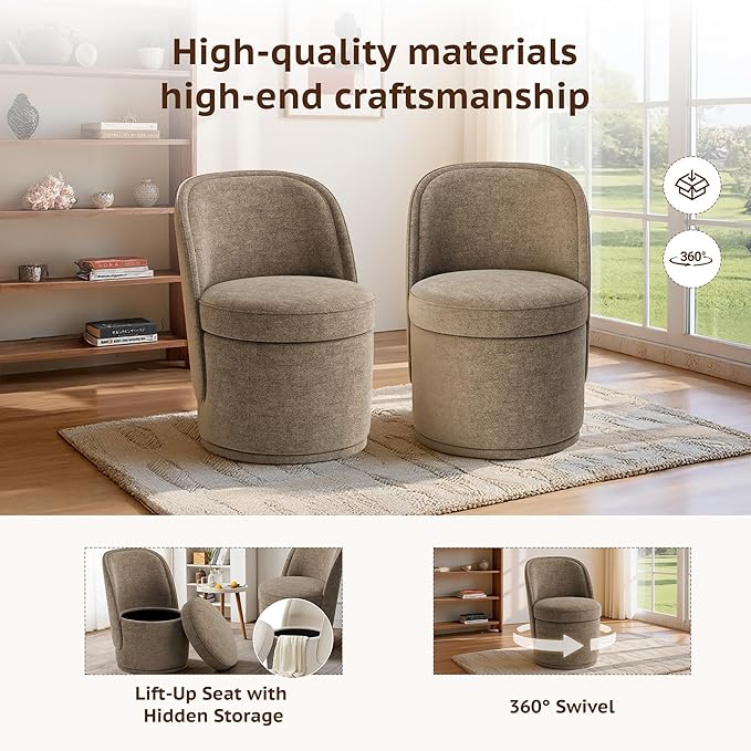 Swivel Accent Chair Set of 2, 360° Swivel Round Chair with Hidden Storage, Modern Small Barrel Armchair for Living Room/Bedroom, Brown