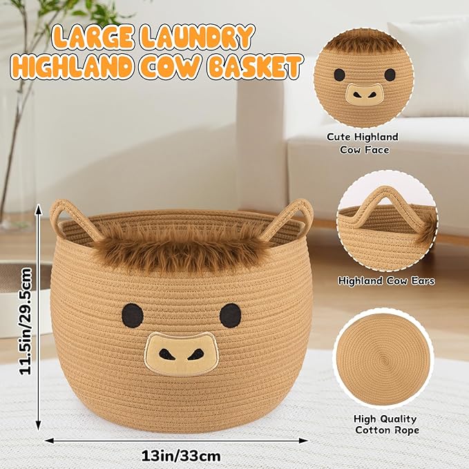 Highland Cute Cow Basket for Nursery, Large Blanket Gift Basket, Woven Rope Cotton Storage, Baby Laundry 0rganizer with Ears Handles, Towels Toy Clothes Gifts Storage Cat Dog Bin,13"D×11.5"H