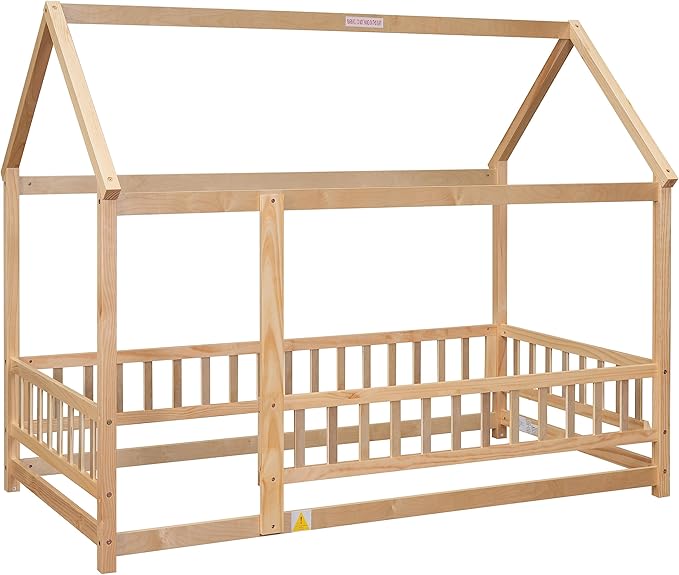 Bellemave Twin Size House Floor Bed Frame,Wooden Montessori Floor Bed with Fence for Kids,Twin Size Kids Bed,Natural