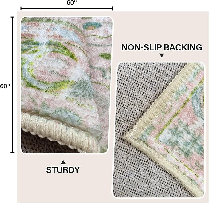 Vhong Boho Area Rugs Vintage Washable Round Dusty Pink and Green 5x5 Non Slip Small Circle Carpet for Nursery Living Room Dining Room Bedroom Girls' Room