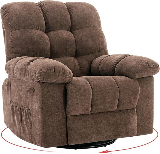 Swivel Recliner Chair, Upholstered Fabric Comfy Rocking Chair, Sturdy Q235 Steel Frame Nursery Glider, 300 LBS Capacity, for Small Spaces, Living Room, Bedroom, Brown