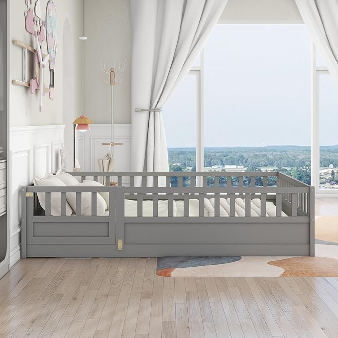 GDFStudio Full Size Floor Bed Frame with Opening Door & Guardrails, Montessori Toddler Full Bed Frame for Boys Girls, Wooden Low to Floor Bed Rails for Toddlers, Support Slat, Grey