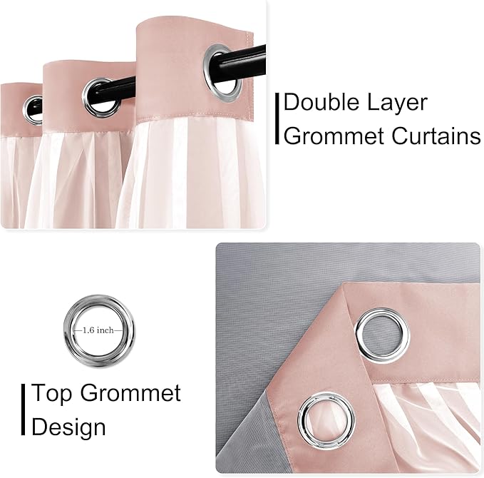 XWZO 100% Blackout Double Layer Curtains for Nursery, Blackout Curtains with Sheer Overlay for Girls Bedroom, Grommet Thermal Insulated Privacy Curtains with Tiebacks, 2 Panels, 52x108, Blush