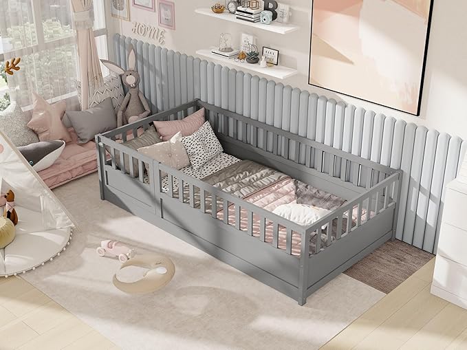 GDFStudio Twin Size Toddler Floor Bed Frame with Door & Guardrails, Toddler Twin Bed Frame for Kids Boys Girls, Low to Floor Child Bed Rail Design, Wooden Floor Bed for Baby, No Support Slat, Grey