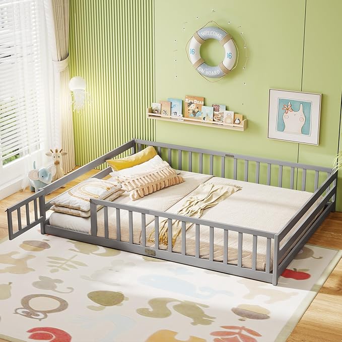 KOMFOTT Queen Size Wood Floor Bed with Door & Fence, Montessori Bed Frame with Full Length Safety Guardrails, Door & Latch, Wooden Montessori Floor Bed for Kids, Girls, Boys (Queen,Grey)