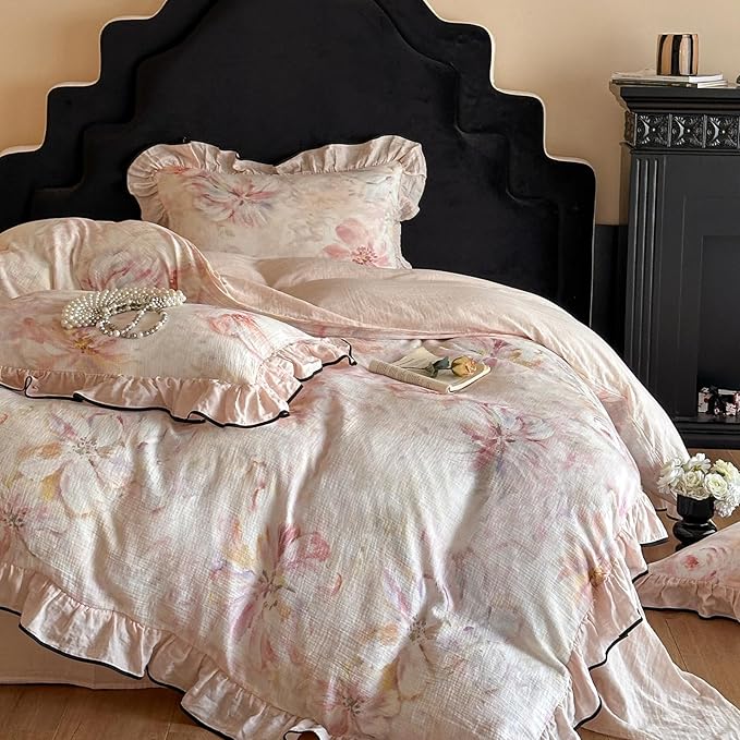 HighBuy Pink Floral Pure Linen Duvet Cover Set Twin,Ruffle Comforter Cover Chic Cottagecore Yarn-Dyed Breathable for Teen Girls,3 Piece Farmhouse Bedding Set(1 Duvet Cover,2 Pillowcases)