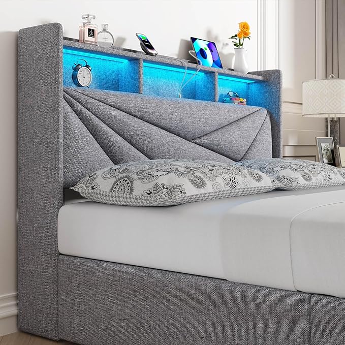 LED King Size Bed Frame with 4 Storage Drawers, Upholstered King Bed Frame with 2-Tier Headboard and Charging Station, No Box Spring Needed, Easy to Assembly - Light Grey