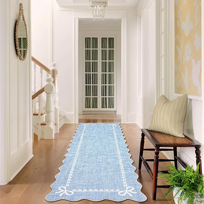 GarveeHome Scalloped Bow Rug for Living Room, Solid Blue Rug for Dorm, Washable Runner Rug 2.5x10 Soft Low Pile Non Slip Scalloped Rugs for Nursery Bedroom Decor Hallway Entryway Playroom
