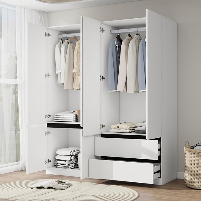Armoire Wardrobe Closet with Drawers：75" Large White Wardrobe Closet Cabinet with 4 Doors for Hanging Clothes, Modern Wooden Bedroom Armoires with 2 Drawers and Storage (A+C, 63")