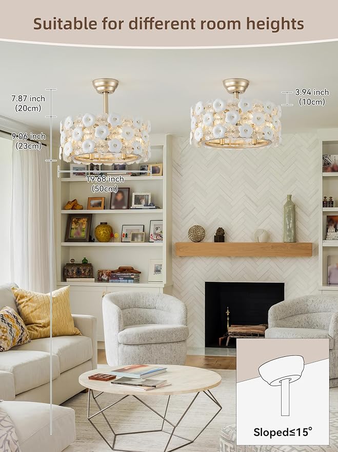 20" Gold Fandelier Ceiling Fan with Light, Caged Flower Chandelier Ceiling Fans with Lights Remote Control, Mid-Century Modern with 6 Speeds for Bedroom, Nursery