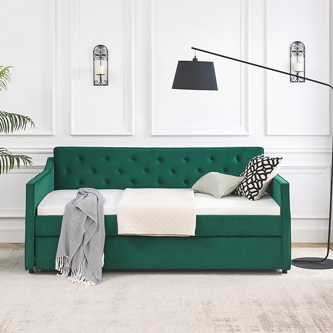 Bellemave Twin Upholstered daybed with Trundle, Velvet Sofa Bed Twin Size, daybed with Trundle for Adults, Kids, Girls, Teens, for Living Room, Green