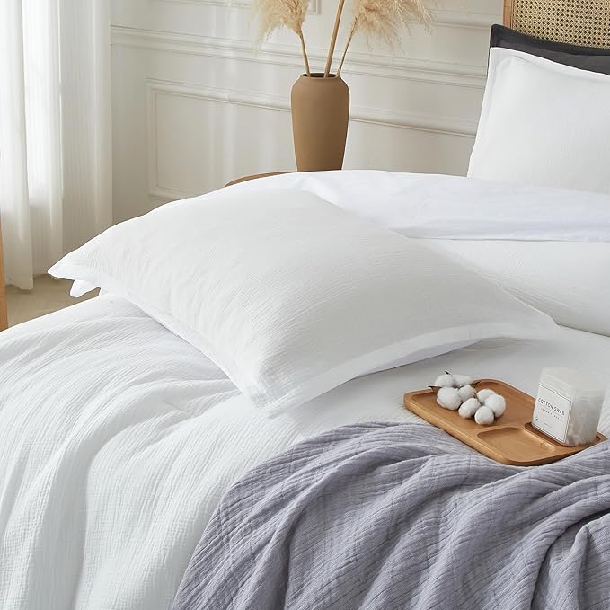 Muslin Comforter Set King Size, Cotton Cover & Polyester Filling, Breathable & Linen Like & Suitable for All-Season Use,3 Pieces(1 Comforter 104"x90", 2 Pillow Shams 20"x36"), White