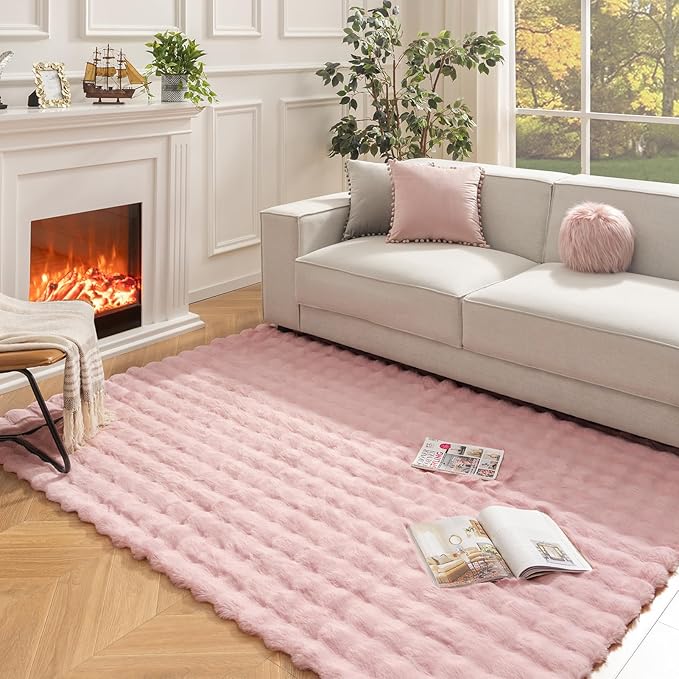 Ashler Faux Rabbit Fur Rug - Pink 6x9 FT Fluffy Soft Area Carpet, Rectangle Fuzzy for Living Room, Bedroom, Machine Washable Shaggy Nursery - 3D Bubble