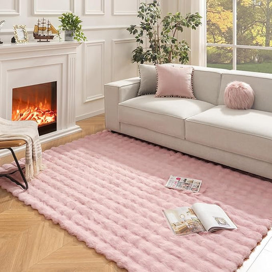 Ashler Faux Rabbit Fur Area Rug, Pink 5x7 FT Fluffy Soft Rectangle Fuzzy Carpet for Living Room, Bedroom, Machine Washable Shaggy Nursery Rug - 3D Bubble Rug