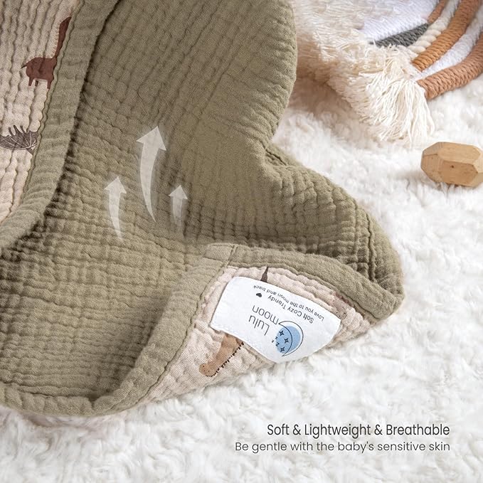 lulumoon Muslin Baby Blanket - Cotton Quilt Blankets for Toddlers - Reversible Nursery Crib Blanket for Baby Boys and Girls 47"x47"(Olive Dinosaur)